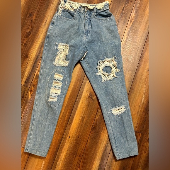 Vintage 90s Zip Code High Waist Lace Patchwork Jeans Size 9/10 Boho Chic - Picture 2 of 16